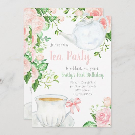 ティーパーティーガールズ誕生日招待状ティーポット 招待状 (正面/裏面)
