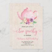 ティーパーティーガール誕生日ピンクウォーターカ素朴ラー 招待状 (正面/裏面)