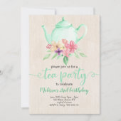 ティーパーティーガール誕生日ミントティール（緑がかった色）ウォーター色 招待状 (正面)