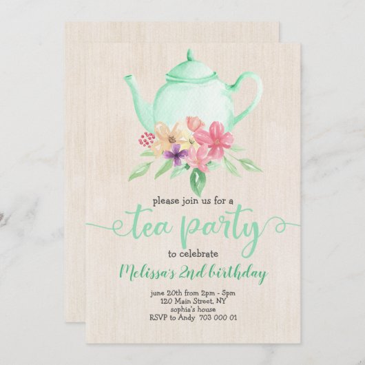 ティーパーティーガール誕生日ミントティール（緑がかった色）ウォーター色 招待状 (正面/裏面)