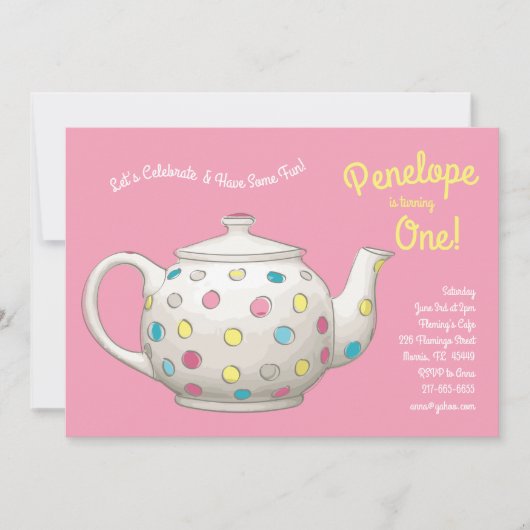 ティーパーティーキッズ第1誕生日水玉模様 招待状 (正面)