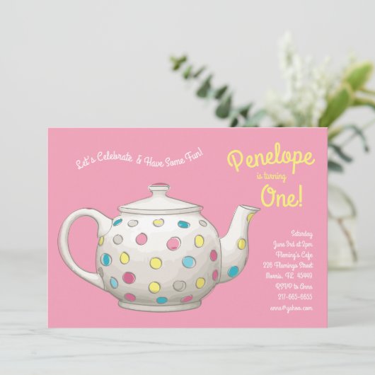 ティーパーティーキッズ第1誕生日水玉模様 招待状 (スタンド正面)