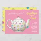 ティーパーティーキッズ第1誕生日水玉模様 招待状 (正面/裏面)