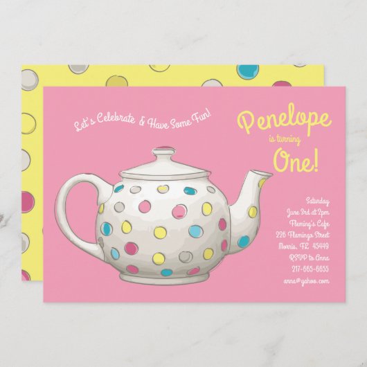 ティーパーティーキッズ第1誕生日水玉模様 招待状 (正面/裏面)