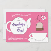 ティーパーティーキッズ1歳のピンクとパープルガールズ 招待状 (正面)