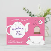 ティーパーティーキッズ 1歳の誕生日 ピンクとパープルの女の子 招待状 (スタンド正面)