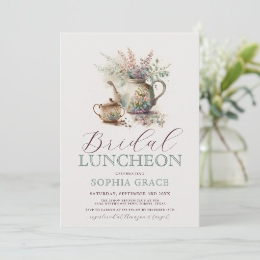 ティーパーティークリームタウペベージュルンチョンブライダルシャワー 招待状 (スタンド正面)