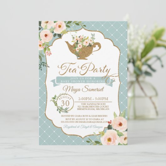 ティーパーティーターコイズブルー赤面フローラベビーシャワー 招待状 (スタンド正面)