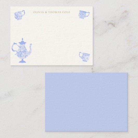 ティーパーティーチノイスリーブルーシックレースブライダルシャワー ノートカード (正面/裏面)