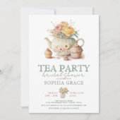 ティーパーティーパウダーピンククリームヴィンテージブライダルシャワー 招待状 (正面)