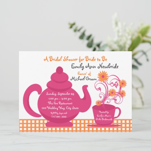 ティーパーティーピンクとオレンジのブライダルシャワー 招待状 (スタンド正面)