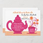 ティーパーティーピンクとオレンジのブライダルシャワー 招待状 (正面/裏面)