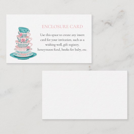 ティーパーティーピンクとティール(緑がかった色)ティーカップカスタム エンクロージャーカード (正面/裏面)