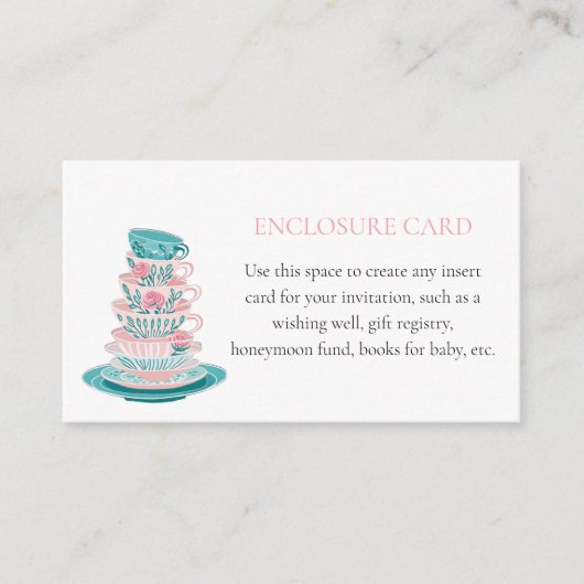 ティーパーティーピンクとティール(緑がかった色)ティーカップカスタム エンクロージャーカード (正面)