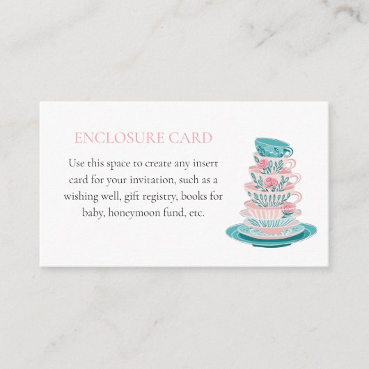ティーパーティーピンクとティール（緑がかった色）ティーカップカスタム エンクロージャーカード (正面)