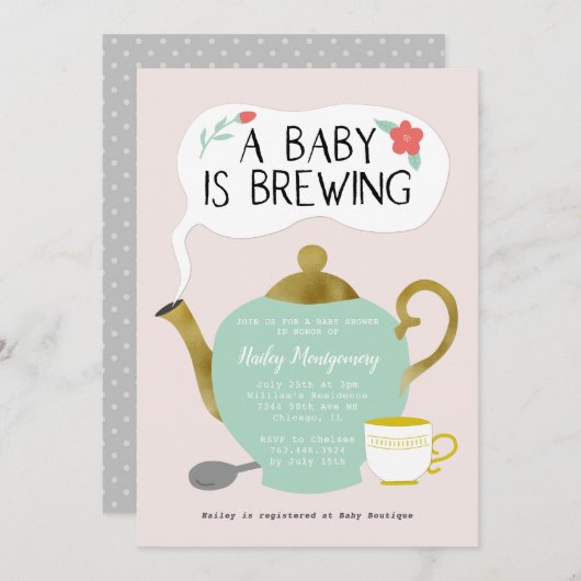 ティーパーティーピンクベビーシャワーベビーが醸造中 招待状 (正面/裏面)