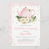 ティーパーティーピンク金ゴールドフローラブライダルシャワー 招待状 (正面/裏面)