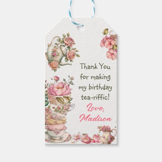 ティーパーティーピンク金ゴールドフローラ誕生日ありがとう ギフトタグ (正面)
