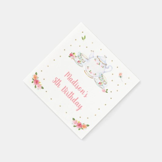 ティーパーティーピンク金ゴールドフローラ誕生日 スタンダードカクテルナプキン (角)