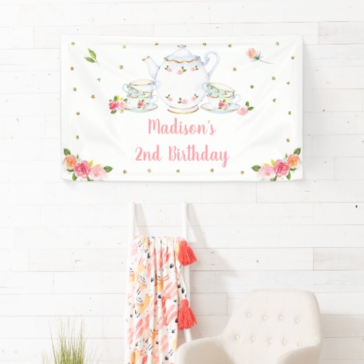 ティーパーティーピンク金ゴールドフローラ誕生日 横断幕 (インサイチュ)