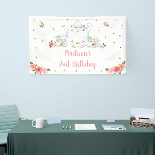 ティーパーティーピンク金ゴールドフローラ誕生日 横断幕 (トレードショー)