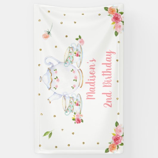 ティーパーティーピンク金ゴールドフローラ誕生日 横断幕 (縦)