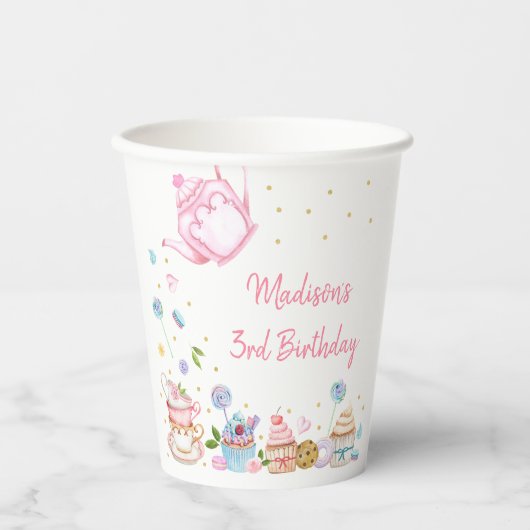 ティーパーティーピンク金ゴールドフローラ誕生日 紙コップ (正面)