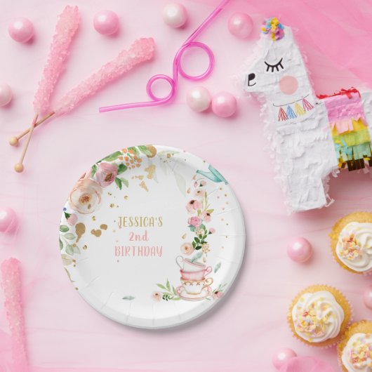 ティーパーティーフローラティー誕生日パーティーフローラピンク ペーパープレート (パーティー)
