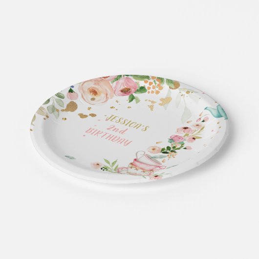 ティーパーティーフローラティー誕生日パーティーフローラピンク ペーパープレート (アングル)