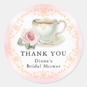ティーパーティーブライダルシャワーの感謝の気持ちを表すピンクの花 ラウンドシール (正面)