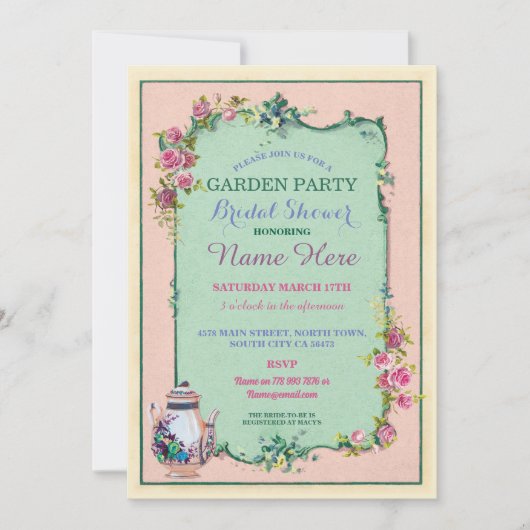 ティーパーティーブライダルシャワーガーデンティーポット招待状 招待状 (正面)
