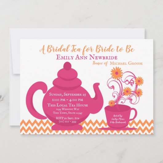 ティーパーティーブライダルシャワーピンクとオレンジ 招待状 (正面)