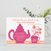 ティーパーティーブライダルシャワーピンクとオレンジ 招待状 (スタンド正面)