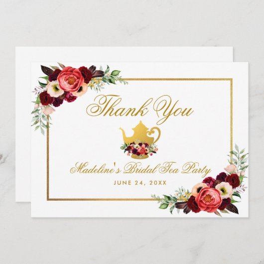 ティーパーティーブライダルシャワーブルガンディボホ感謝してい サンキューカード (正面/裏面)