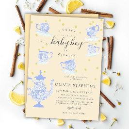 ティーパーティーブルーエレガントボホレース男の赤ちゃんシャワー 招待状