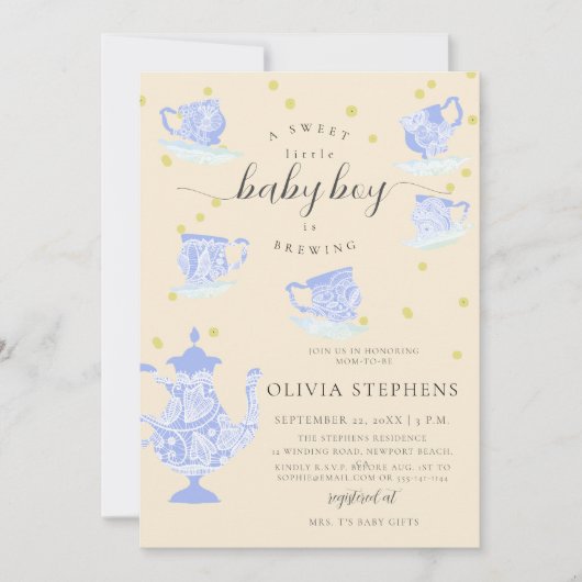 ティーパーティーブルーエレガントボホレース男の赤ちゃんシャワー 招待状 (正面)