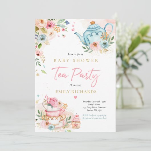 ティーパーティーベイビーシャワーガールピンクローゼスベビー醸造 招待状 (スタンド正面)