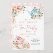 ティーパーティーベイビーシャワーガールピンクローゼスベビー醸造 招待状 (正面/裏面)