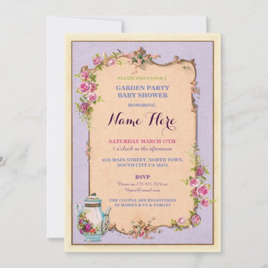 ティーパーティーベビーシャワーガーデンティーポット招待状 招待状 (正面)