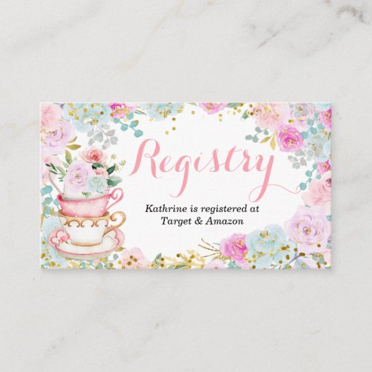 ティーパーティーベビーシャワーパステルフローラレジストリ エンクロージャーカード (正面)