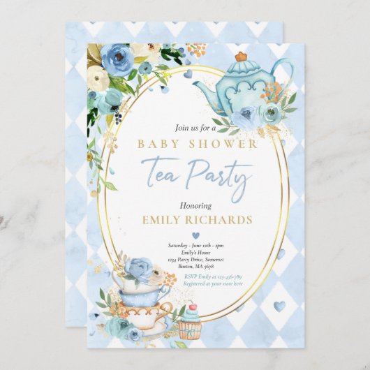 ティーパーティーベビーシャワーボーイブルーバラベビー醸造 招待状 (正面/裏面)