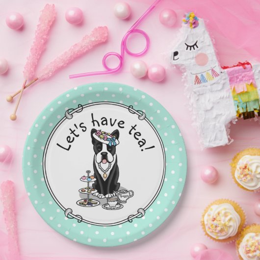 ティーパーティーボストンテリア犬(黒)かわいい ペーパープレート (パーティー)