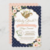 ティーパーティーラグジュアリー赤面とネイビーフローラベビーシャワー 招待状 (正面/裏面)