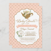 ティーパーティーラグジュアリー赤面フローラガールベビーシャワー 招待状 (正面/裏面)