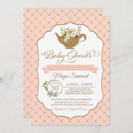 ティーパーティーラグジュアリー赤面フローラガールベビーシャワー 招待状 (正面/裏面)