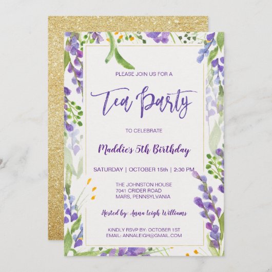 ティーパーティーラベンダーフローラ&金ゴールド誕生日ガール 招待状 (正面/裏面)