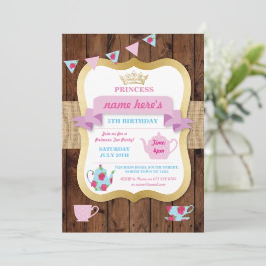 ティーパーティー招待状プリンセスクラウンポットアリス誕生日 招待状 (スタンド正面)