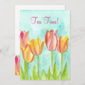 ティーパーティー招待状 ピンクのチューリップ 水彩画 招待状 (正面/裏面)