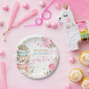 ティーパーティー誕生日ガールピンク&金ゴールドフローラパーティー ペーパープレート