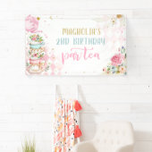 ティーパーティー誕生日ガールピンク&金ゴールドフローラパーティー 横断幕 (インサイチュ)